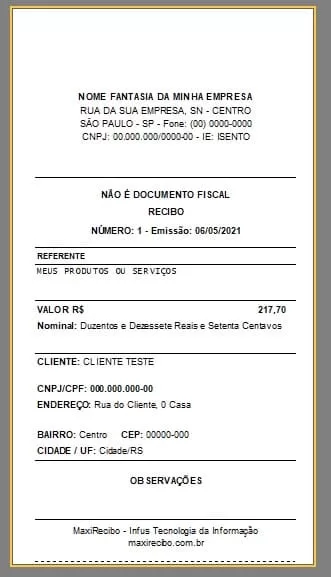 Modelo de Recibo em Bobina - Maxi Recibo