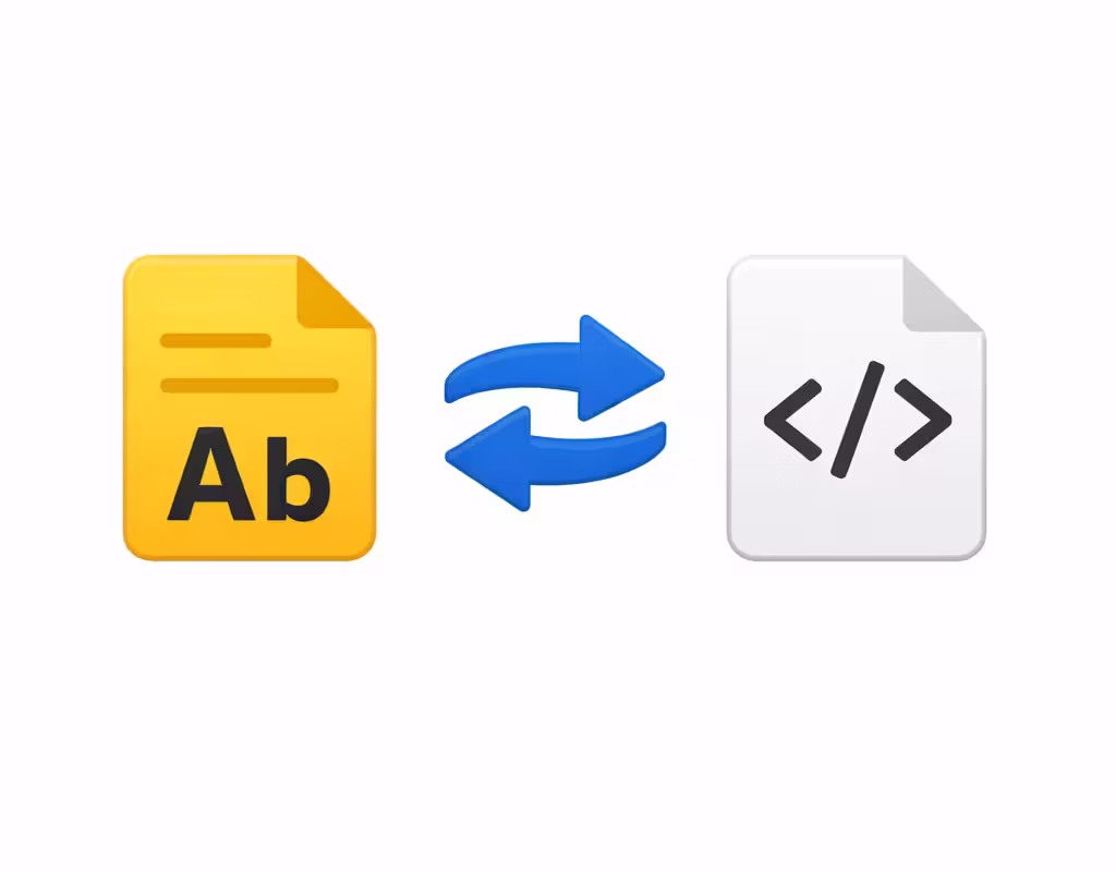 Ícone minimalista de conversão de caracteres: documento com ‘Ab’, seta azul dupla e documento com símbolo de código.