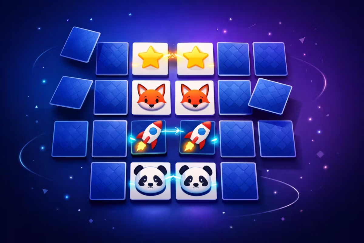 Ilustração moderna de jogo da memória com cartas flutuantes em fundo azul e roxo, pares revelados com brilho conectando-os.
