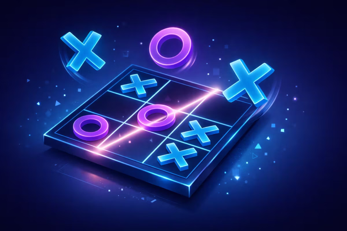 Tabuleiro de jogo da velha flutuante em estilo vetorial moderno, com peças neon azuis e roxas sobre fundo azul escuro futurista.
