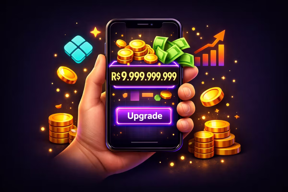 Ilustração 3D de mão segurando celular com jogo da cobra, moedas douradas e botão Upgrade em neon sobre fundo escuro.