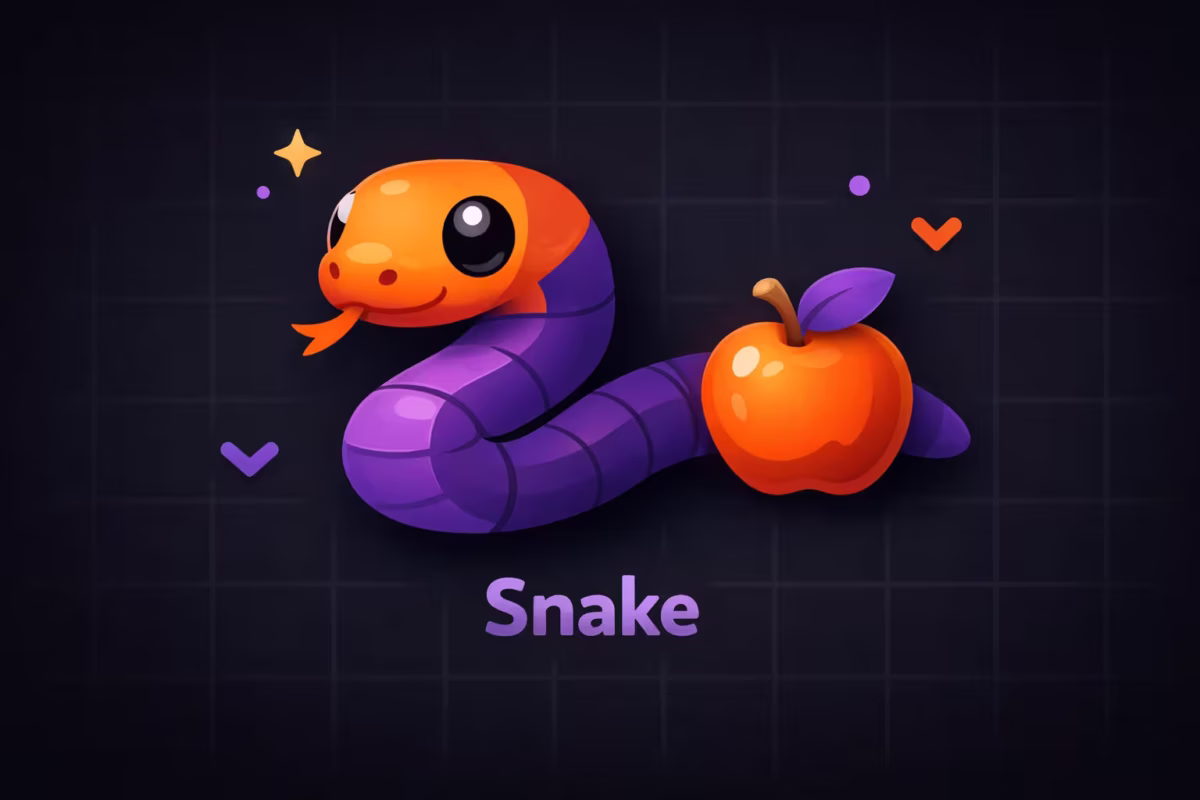 Ilustração minimalista de cobra roxa e maçã laranja sobre fundo escuro com grade sutil.