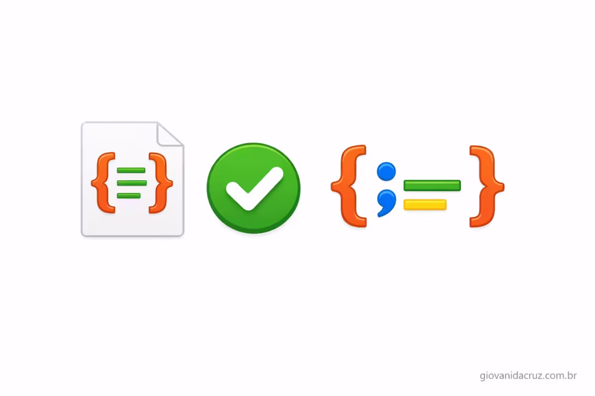 Imagem minimalista estilo emoji com ícones de formatação e validação de JSON — documento com chaves, símbolo de verificação verde e referência discreta ao blog giovanidacruz.com.br.