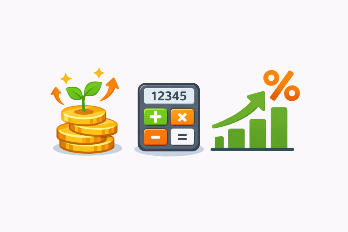 Ilustração minimalista de juros compostos com moedas, calculadora e gráfico de crescimento