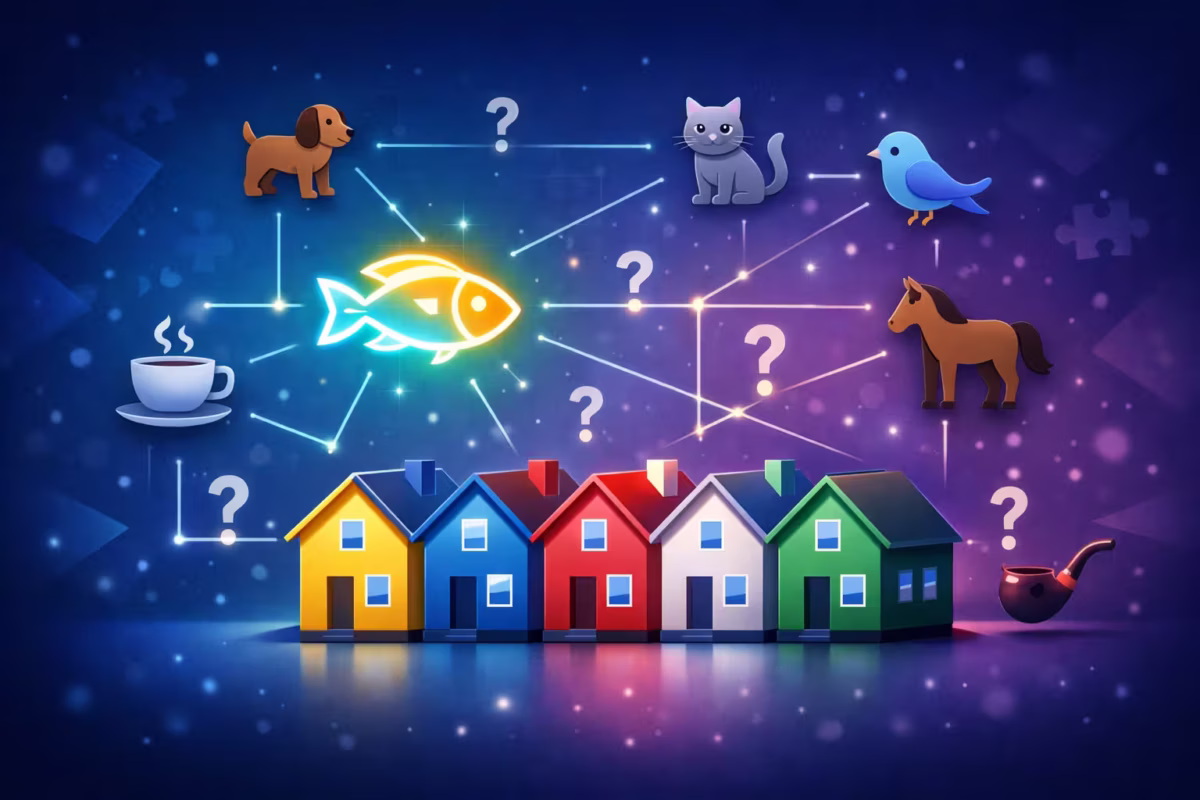 Ilustração moderna de um jogo de lógica com cinco casas coloridas e ícones brilhantes de pistas flutuando sobre fundo azul‑roxo.