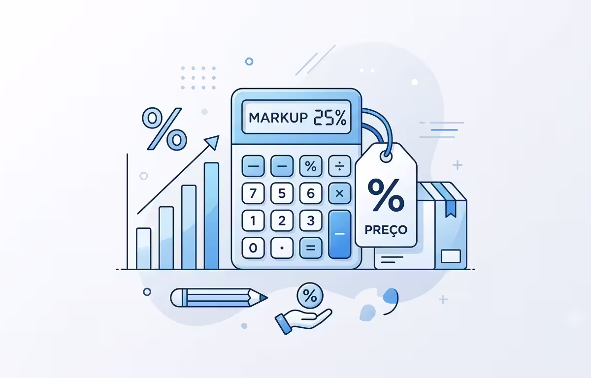 Ilustração minimalista azul e branca com calculadora, etiqueta de preço e gráfico sobre fundo claro